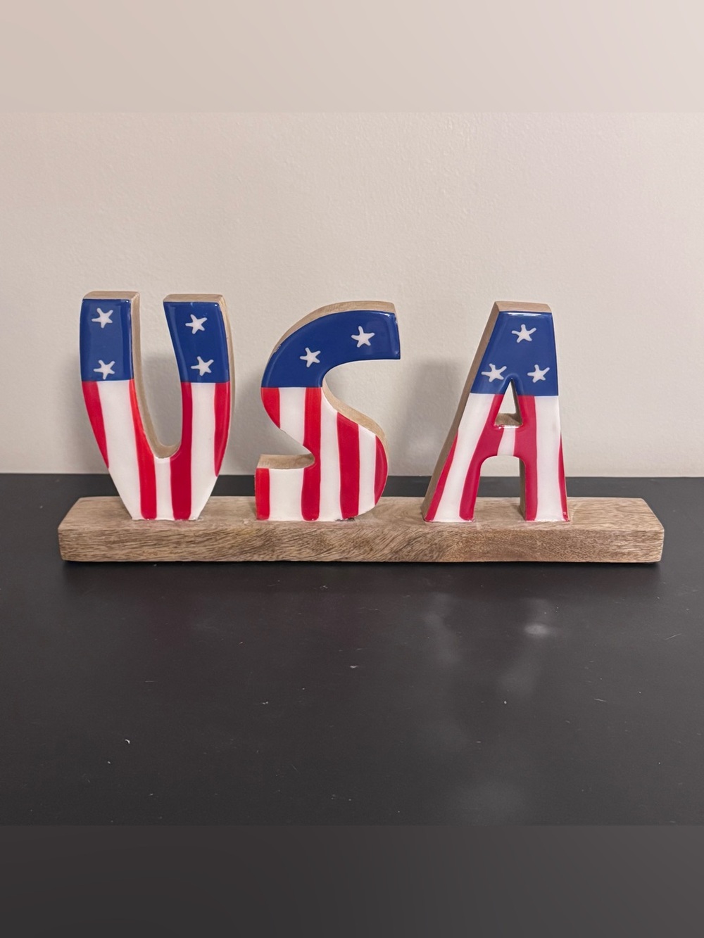 NEW 4th Fourth Of July Americana Glossy Wooden USA Sign RED WHITE & BLUE w STARS